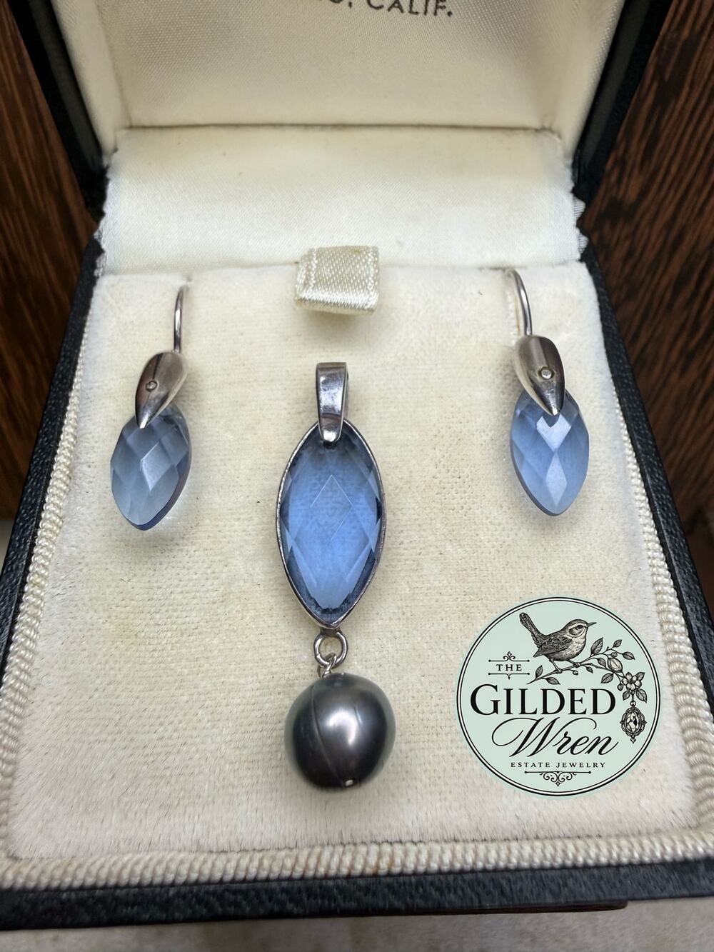 925 Sterling Silver Blue Glass Pearl Pendant Earrings Set Contemporary